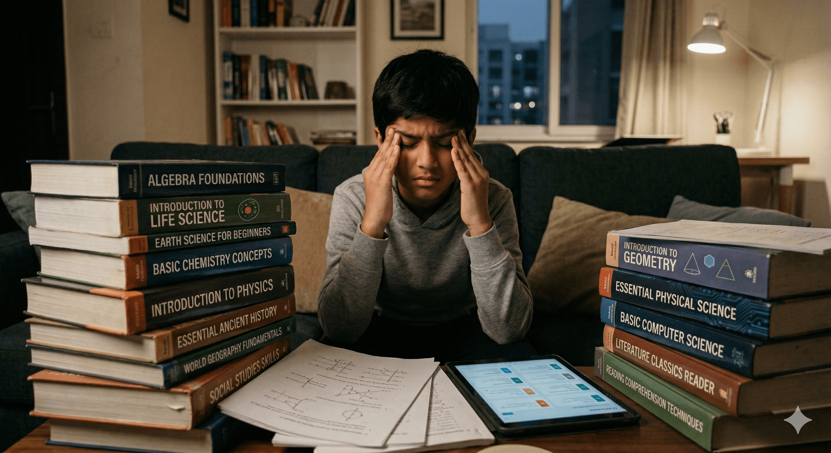Student studying at desk with laptop and notebook